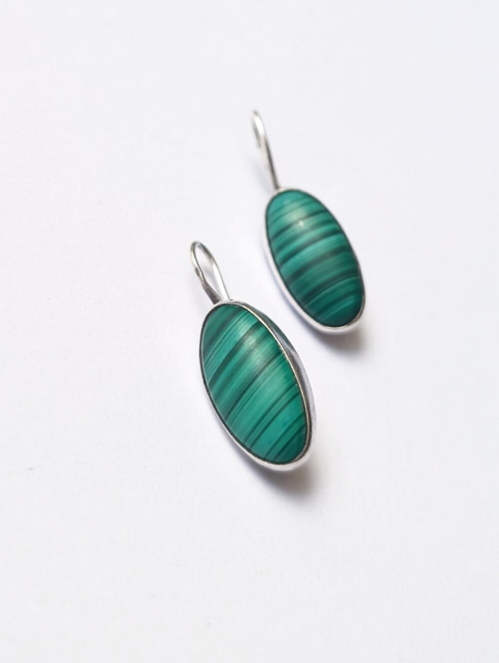 Sterling silver earrings Green malachite gem stone Stamped STERLING 925